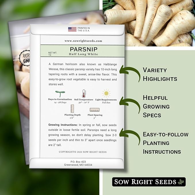 Sow Right Seeds - Half Long White Parsnip Seeds for Planting - Non-GMO Heirloom Packet with Instructions to Plant an Outdoor Home Vegetable Garden - White Flesh Root Parsnip - Spring and Fall (4)
