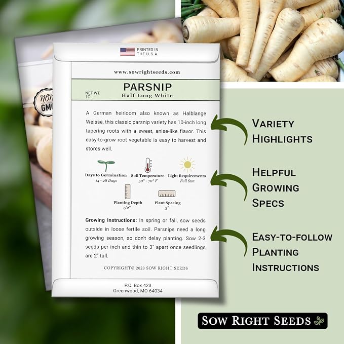 Sow Right Seeds - Half Long White Parsnip Seeds for Planting - Non-GMO Heirloom Packet with Instructions to Plant an Outdoor Home Vegetable Garden - White Flesh Root Parsnip - Spring and Fall (3)
