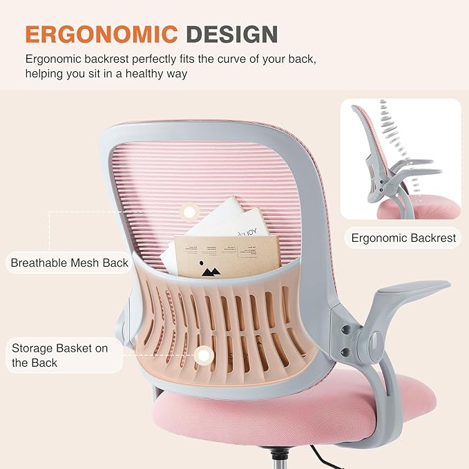 Sweetcrispy Home Office Managerial Executive Chair, Ergonomic Mesh Adjustable Swivel Mid-Back Chair with, Flip-up Arms, Comfortable Lumbar Support, Comfy Arms for Bedroom,Study,Student