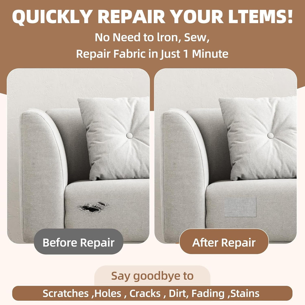Fabric Repair Patch, 17X158 Inch Fabric Large Repair Tape, Self-Adhesive Patches for Furniture, Sofa, Car Interior, Shoes, Hand Bag, Clothing (Beige, 17X158 Inch)