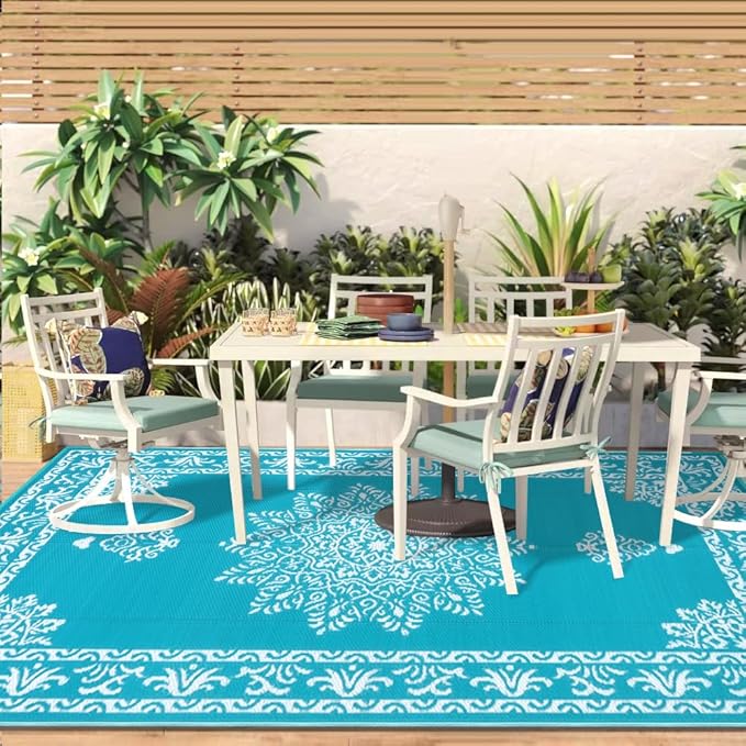 Yamaziot Outdoor Rug 9x18 Ft, Waterproof Plastic Straw Patio Rug, Reversible Backyard Carpet UV Resistant Portable RV Mat Clearance, Large Indoor Outdoor Rug for Patio, Porch, Deck, Balcony, Teal