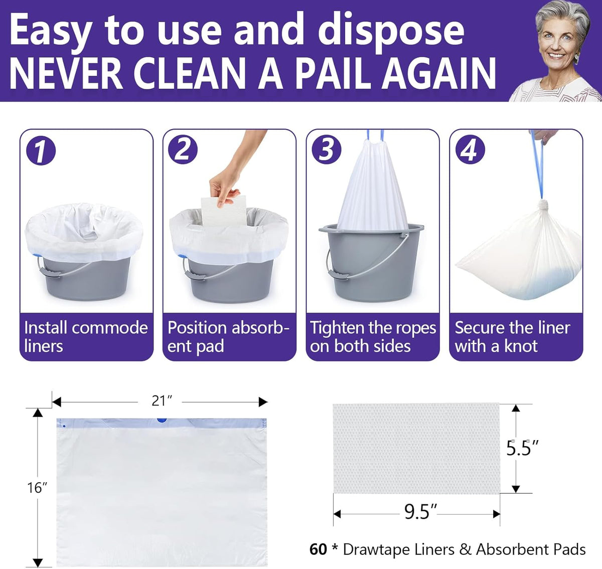 Senvok Commode Liners with Highly Absorbent Pads - 60 Pack | Lavender Scent | Leak-Proof Medical Grade Disposable Liners for Bedside Commode & Adult Toilet Care