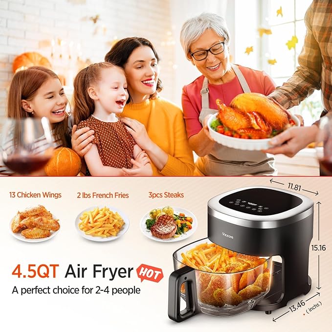 6-IN-1 Glass Air Fryer with 4.5 QT Capacity,Air Fry, Roast, Reheat, Dehydrate, Air Crisp Technology,Nonstick & Dishwasher Safe Basket,97% Less Oil,Features Digital Timer1