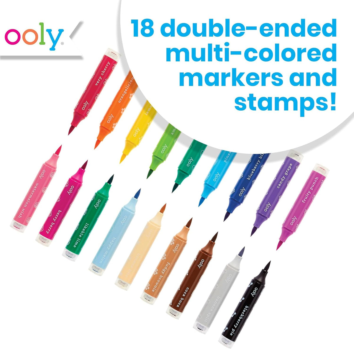 Ooly 18 Double-Sided Stamping Markers - Versatile Brush Tip & Stamp for Creative School Supplies
