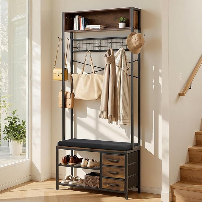 VEVOR Hall Tree with Bench and Shoe Storage, Entryway Bench with Coat Rack, 3 Drawers, 3 Storage Cubbies, 7 Hooks with Soft Cushion for Entryway, Hallway