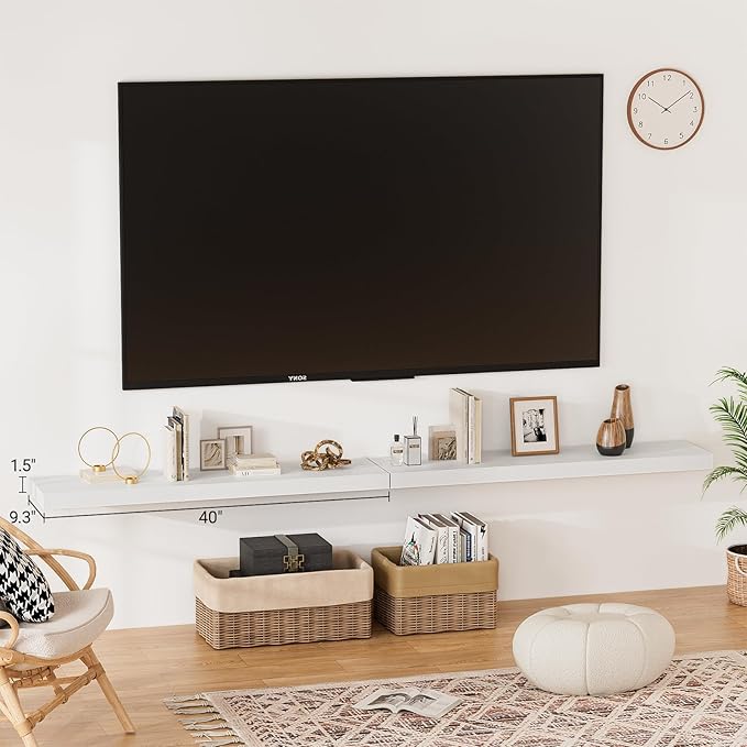 40 Inches Floating Shelves for Wall, 9.3" Deep White Long Floating Shelves Set