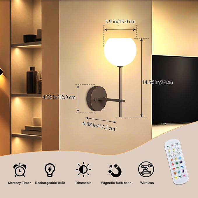Brown Battery Operated Wall Sconces Set of 2, Rechargeable Wireless Wall Lights