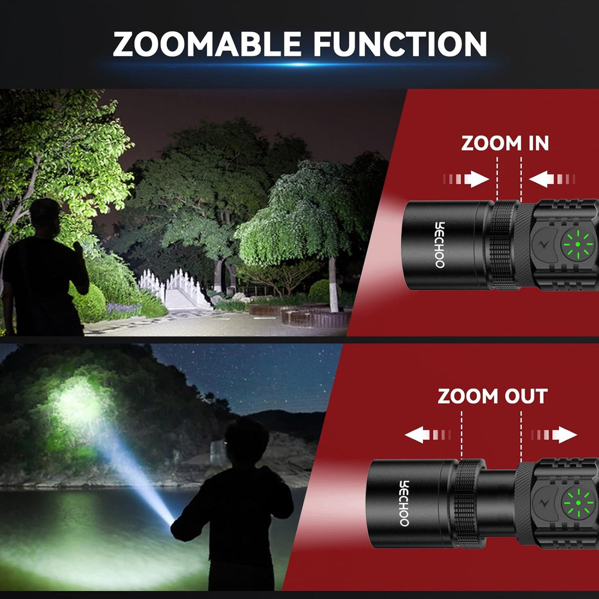 RECHOO Rechargeable LED Flashlight - High Lumens, Dual Switch, 5 Lighting Modes | Ideal for Home & Camping