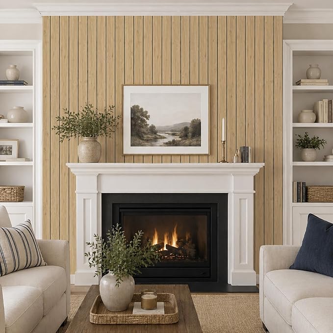 VEELIKE Tan Birch Slat Wall Panels Peel and Stick 3D Wood Grain Wall Panel