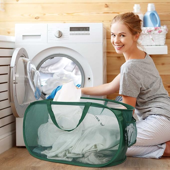 Sturdy Mesh Pop Up Laundry Hamper, Collapsible Laundry Baskets with Side Pocket, Foldable Clothes Hamper with Reinforced Carry Handles for Laundry, Bathroom, Kids Room, Dorm or Travel 2 Pack Emerald