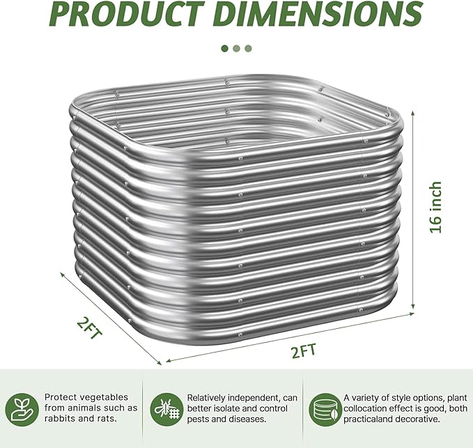 2 Pack Tall 2x2FT Corrugated Galvanized Steel Raised Garden Bed Outdoor, Metal Above Ground Garden Bed for Vegetables and Flowers, Raised Beds for Gardening-2x2FTx16inch