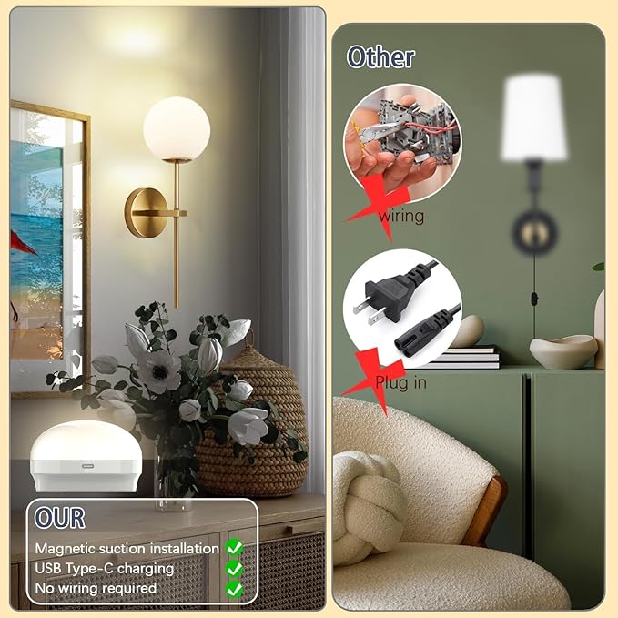 KEFA Gold Battery Operated Wall Sconces Set of 2, Modern Remote Wall Lamp Globe Glass Shade,Not Hardwired Rechargeable Wall Lights Fixture with Timer and Dimmable for Bedroom Living Room Bathroom