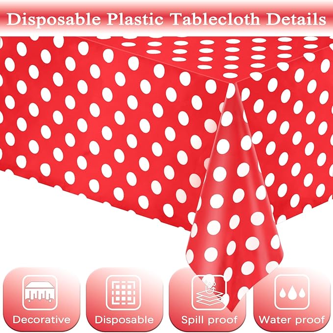 WNINK 6 Pack Red and White Polka Dot Tablecloths – Disposable Plastic Waterproof Table Cover, 54" x 108", for Birthday, Wedding, Bridal Shower, Bachelor Party, and Picnic