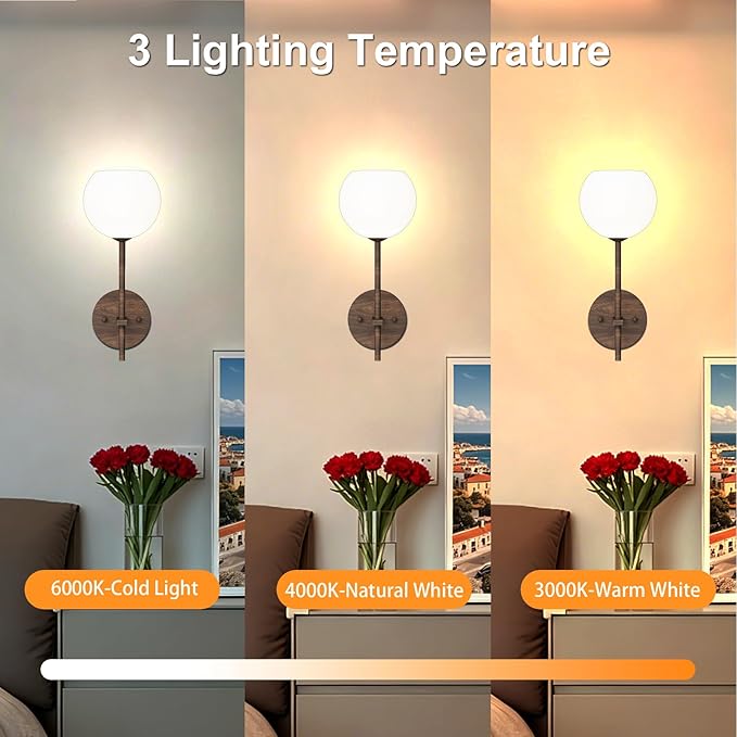 Walnut Grain Battery Operated Wall Sconces Set of 2, Rechargeable Wireless Wall
