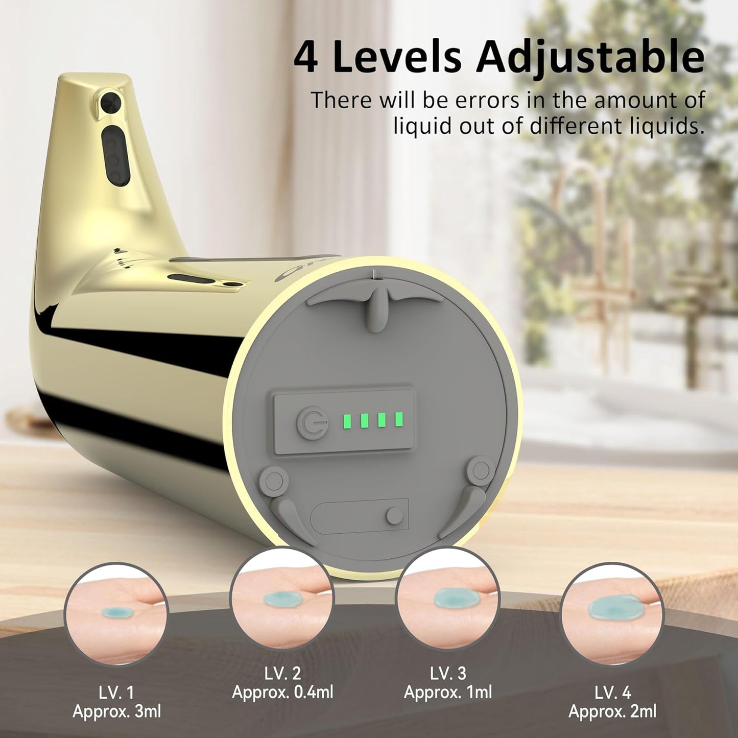 Convenient Automatic Soap Dispenser,4 Adjustable Levels Touchless Hand Sanitizer Pump with Infrared Sensor, 400 ml Countertop Electric Soap Dispenser for Bathroom,Kitchen (Gold)