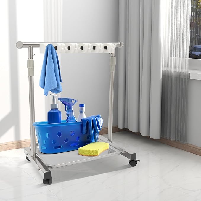 Broom Holder Organizer Movable Closet Storage Cabinet Mop Rack, Floor Standing Cleaning Supplies Tool Cart For Garage, Schools, Hotels, Hospitals, Factories, Restaurant(6 Hook & 5 Slots)