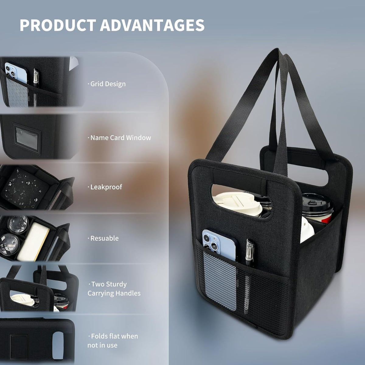 Skiennix Reusable 4-Cup Drink Carrier - Insulated Caddy with Adjustable Dividers | Foldable Black Holder for Hot & Cold Beverages