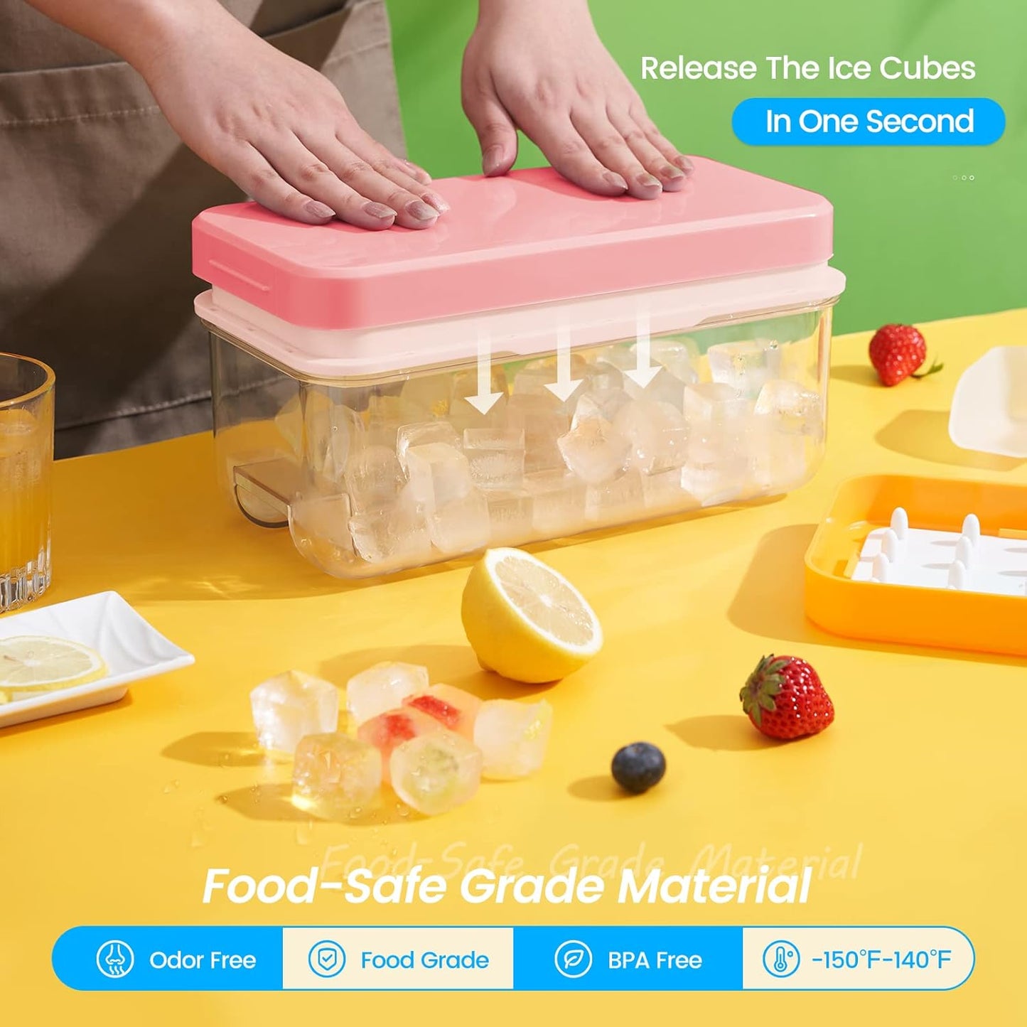 Ice Cube Tray with Lid and Bin, 32 pcs Ice Cubes Molds, Ice Trays for Freezer, Ice Cube Tray Mold, with 1 tray, Ice Freezer Container, Spill-Resistant Removable Lid & Ice Scoop, for Whiskey,Cocktail