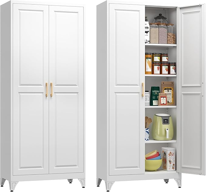 Kitchen Pantry Cabinet, 75" H Metal Storage Cabinet with Doors and Shelves, 4 Standing Feet, Cupboard for Kitchen, Dining, Living Room, 16" D x 32" W x 75" H, White, Assembly Required