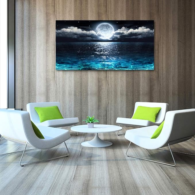 Wall Art Moon Sea Ocean Landscape Picture Canvas Wall Art Print Paintings Modern Artwork for Living Room Wall Decor and Home Décor Framed Ready to Hang,24x48inches,1inch Thick Frame,Waterproof Artwork