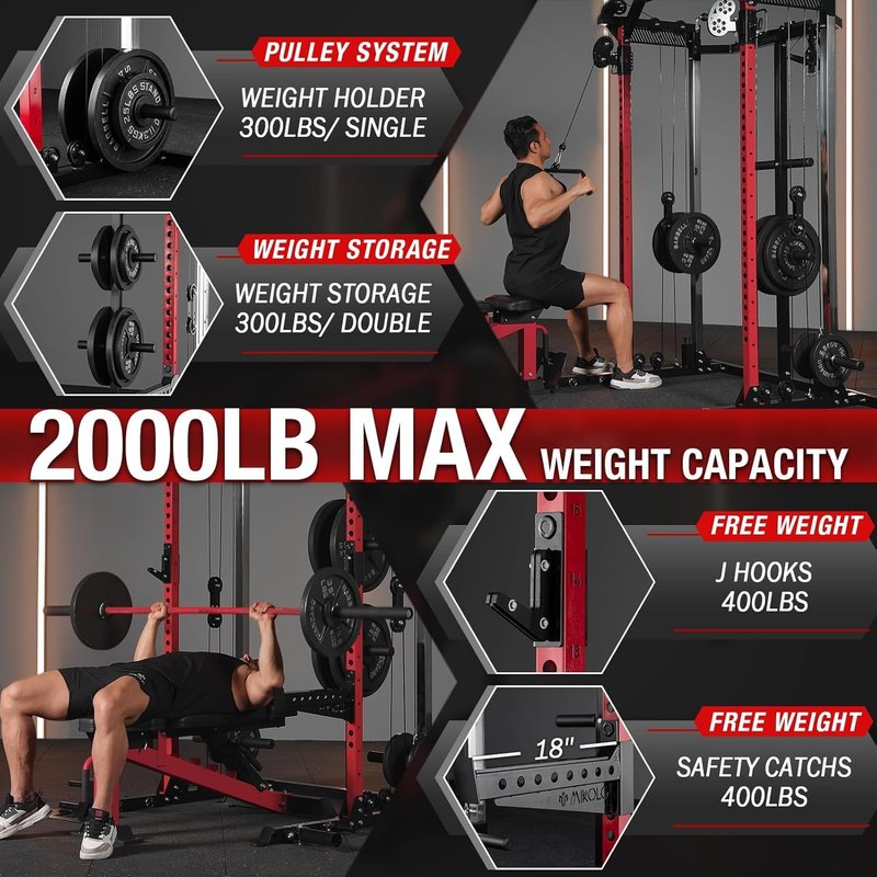 Mikolo Power Cage, 2000LB Power Rack with Independent Dual Pulley System, Multi-Function Home Gym Workout Machine for Cable Crossover (Red)