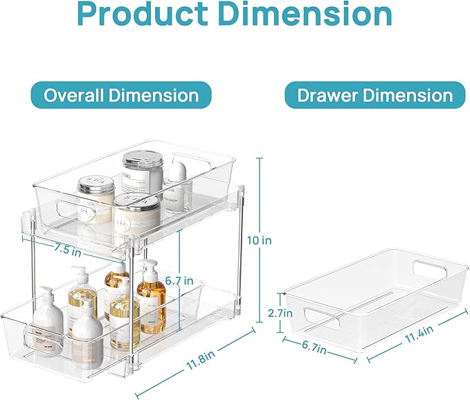 Vtopmart 6 Pack Bathroom Organizer, 2 Tier Clear Under Sink Organizers Vanity Countertop Storage Container,Cabinet Drawers Bins, Pull-Out Organization with Track for Pantry, Kitchen