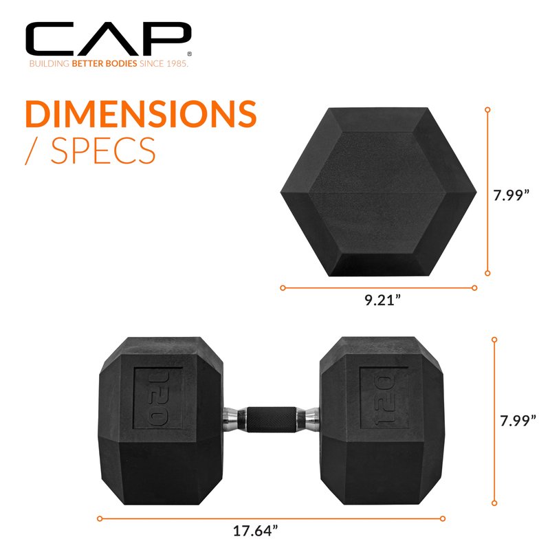 CAP 120 LB Rubber Coated Hex Dumbbell Weight, Rubber Free Weights for Home Gym Strength Training, Comfort Grip Handle, Single