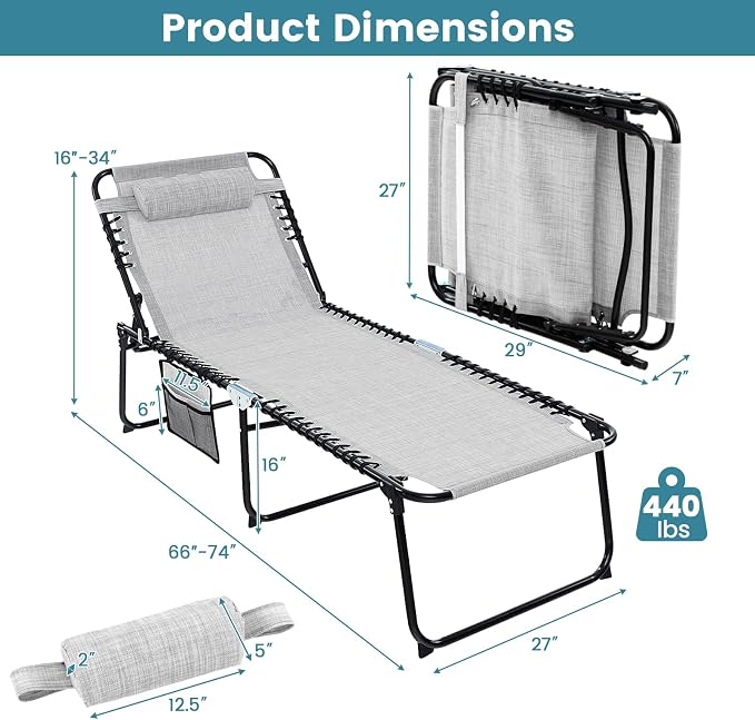Goplus Chaise Lounge Chair Outdoor, Extra Large Folding 5-Postion Beach Lounger with Detachable Pillow, Side Pocket, Sunbathing Lounge Chair, Adjustable Tanning Chair for Patio Lawn Pool Yard