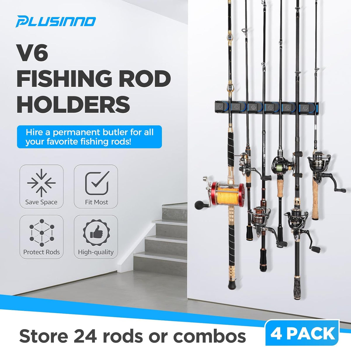 PLUSINNO Fishing Gifts for Men - V6 Vertical Fishing Rod/Pole Holders, Support Extra Large & Heavy Fishing Rod Combos, Fishing Rod Holders for Garage, Wall Mounted Fishing Rod Rack Storage