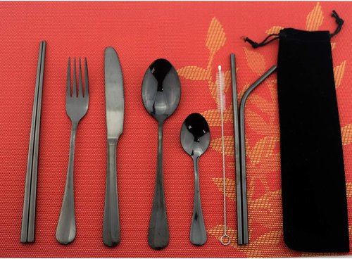 8 Pieces Stainless Steel Mirror Poblished Flatware Set Reusable Cutlery Set Travel Utensils Set with Straws for Camping Office or School Lunch,Dishwasher Safe (Rose Gold)