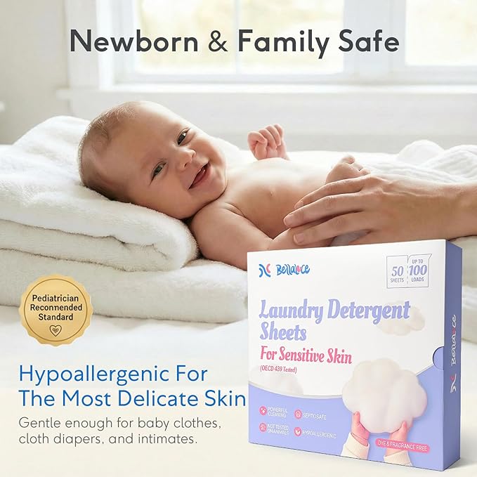 BellaLuce Sensitive Skin Laundry Detergent Sheets, 100 Loads (50 Count) - Hypoallergenic & Fragrance Free Washing Strips, Gentle for Baby, Travel & Dorm Essentials