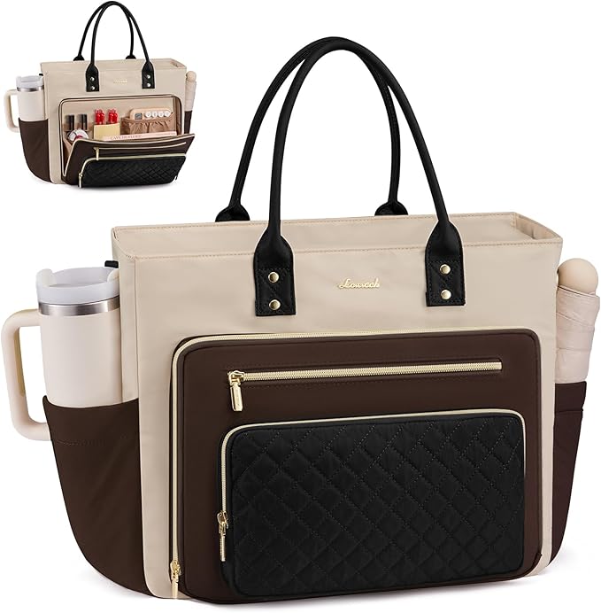 LOVEVOOK Laptop Tote Bag for Women With Large Cup Holder, Work Bags Teacher Nurse Bag, 17.3 Inch Professional Briefcase Business Travel Large Purses Handbag Gifts, Diaper Bag With Multi-Pockets
