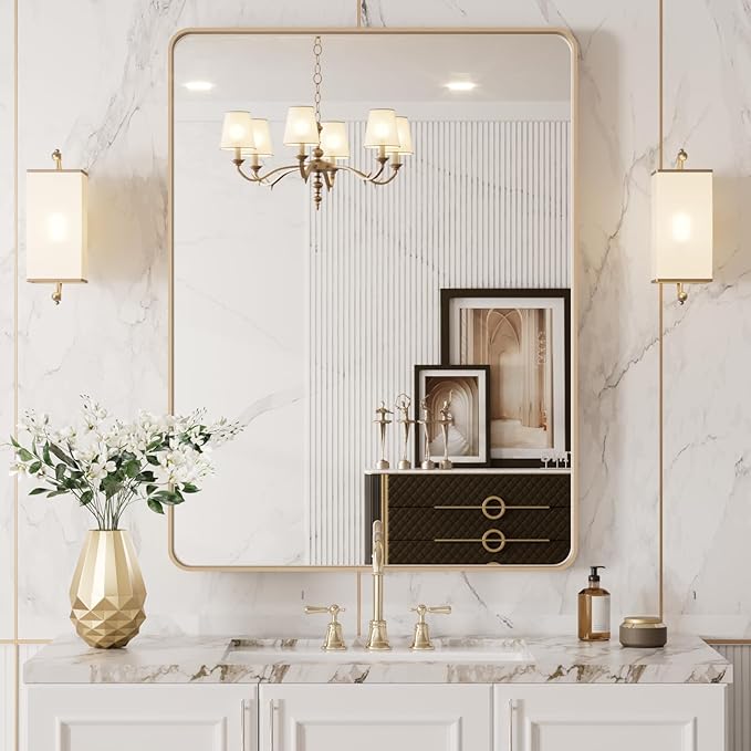 LOAAO 20”X30” Gold Bathroom Mirror, Rounded Rectangle Gold Frame Mirror