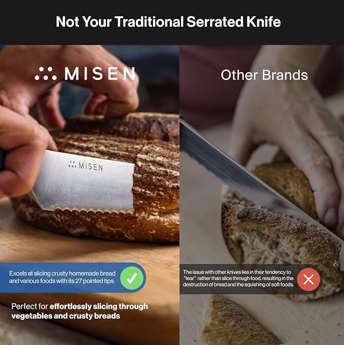 Misen Serrated Bread Knife – High-Carbon Japanese AUS8 Steel – Effortless Slicing of Bread, Pastries, and Fruits – Razor-Sharp Edge and Durable Blade with Ergonomic Handle - 10", Gray