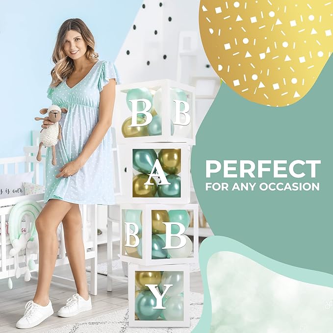 Baby Shower Boxes with Letters – White Boxes with Green, Gold & White Balloons – 44-Piece Gender Reveal & Party Decoration Set by Vellax