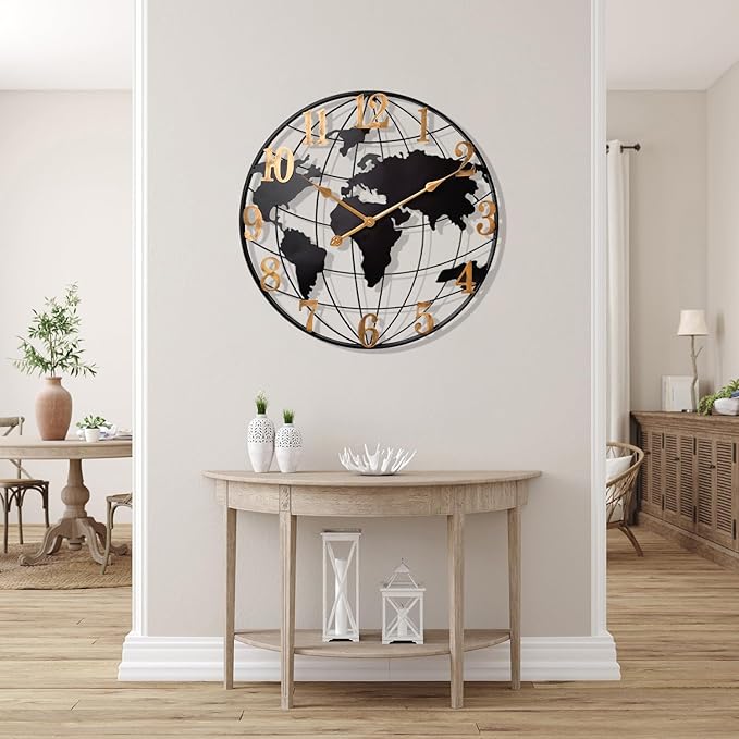 Large World Map Wall Clock, Metal Minimalist Modern Clock, Round Silent