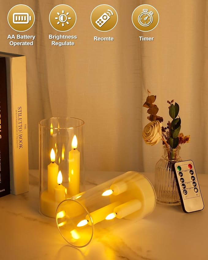 Enido 2 Pc Flameless LED 3-in-1 Taper Candles with Remote & Timer, Battery Operated Acrylic Pillar Set, 3" x 6" Flickering Electric Lights for Cozy Home & Holiday Romantic Decor (Clear)