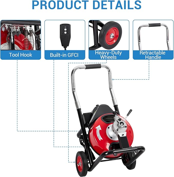 Drain Cleaner Machine 75FT x 3/8 Inch, Professional Sewer Snake Auger with 250W Motor, Auto Feed, 8/4 Cutters, Foot Switch & Wheels, Gloves, Semi-Enclosed Drum, Portable Plumbing Tool for 1"-4" Pipes