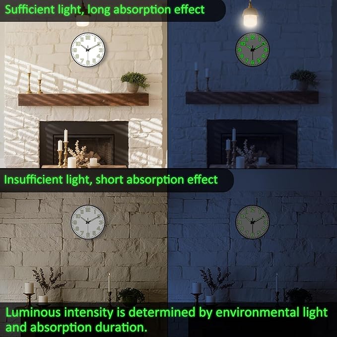12 Inch Silent Wall Clocks Battery Operated, Glow in The Dark Wall Clock