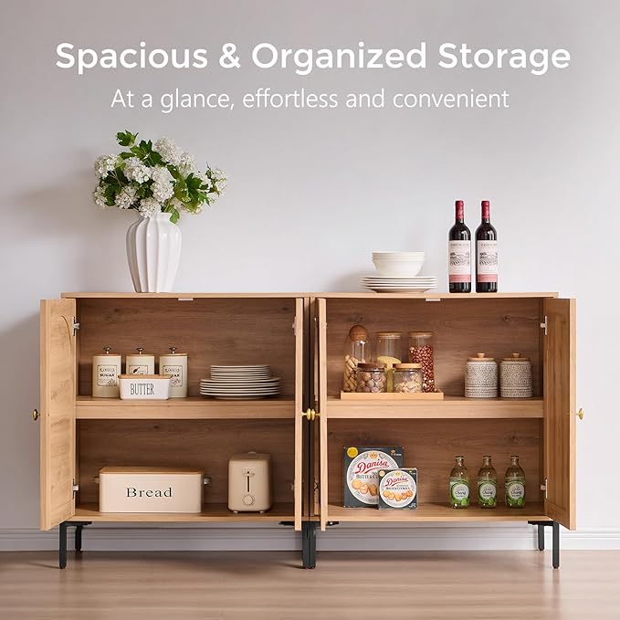 Modern Buffet Cabinet with Storage, 123.5" W Fluted Arched Sideboard Cabinet w/Adjustable Shelves, Wooden Modular Coffee Bar for Dining Room, Kitchen, Living Room, Entryway, Natural
