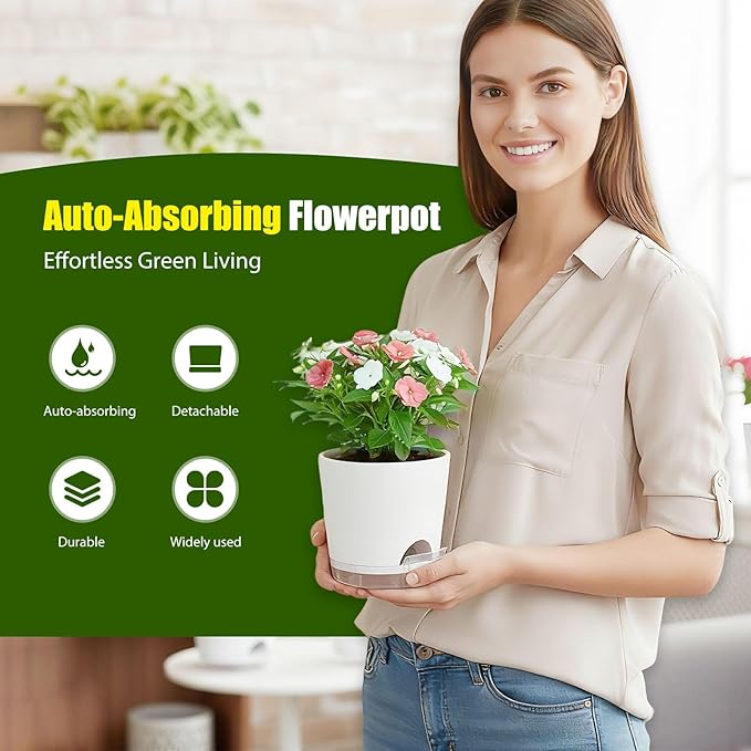 Plant Pots 6 Inch Self Watering Pots,6 Pack Plastic Planters with Drainage Holes and Clear Saucers,Plastic Flower Pots,Nursery Planting Pot for Indoor Out Door Plants (White)