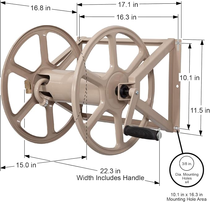 Liberty Garden 709 Steel Wall/Floor Mounted Hose Reel, Holds 200-Feet of 5/8-Inch Hose - Tan, 17.6 x 22 x 15