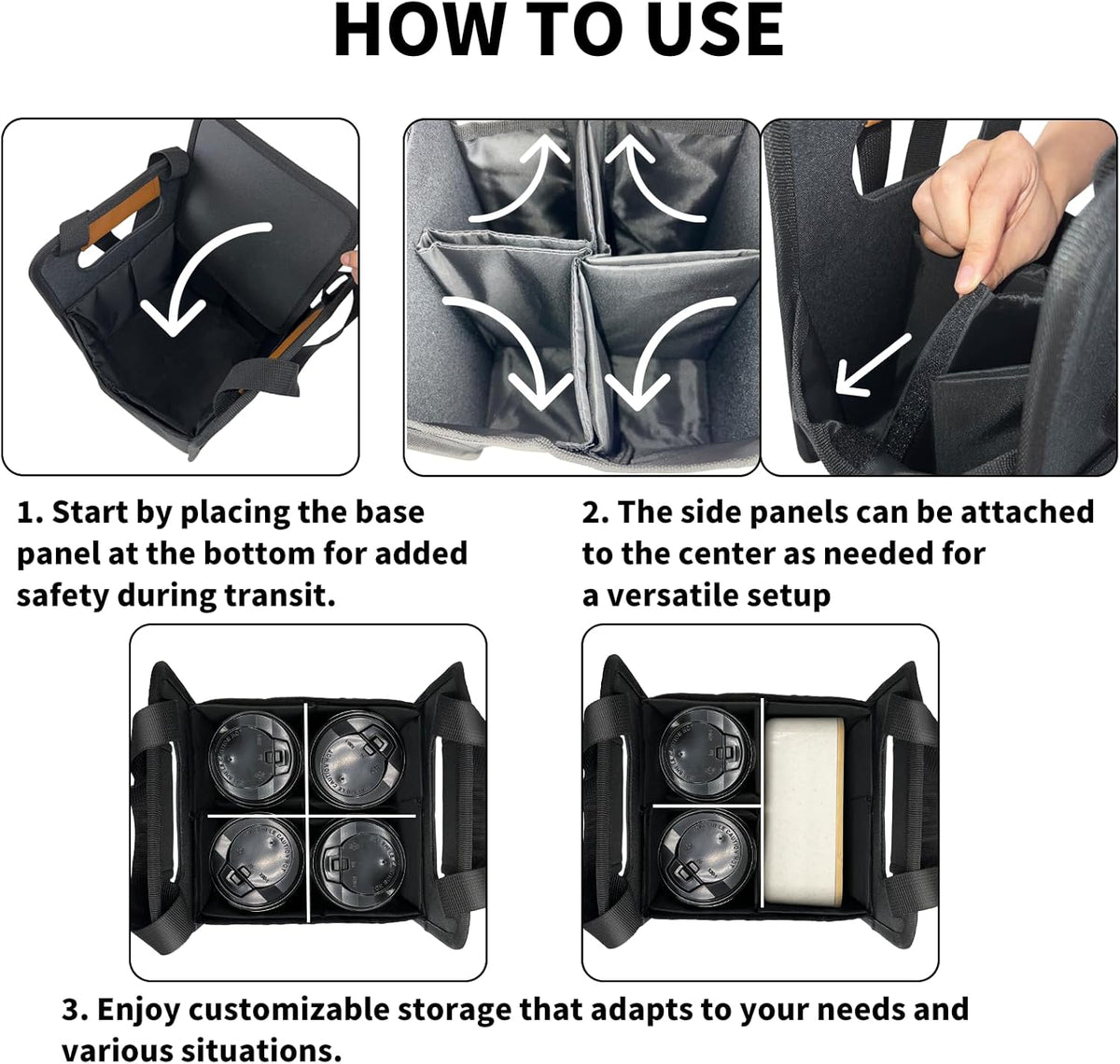 Skiennix Reusable 4-Cup Drink Carrier - Insulated Caddy with Adjustable Dividers | Foldable Black Holder for Hot & Cold Beverages