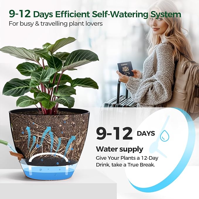 T4U 5 Pack Self Watering Pots (6"+8"+9"+10"+12") - Water Level Indicator & Deep Reservoir, Mess-Free Planters for Busy People, Beginners & Gardeners, Fit Most Plants, Indoor Outdoor Use (Black)
