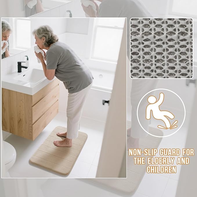 Yimobra Bathroom Runner 55"x24", Non Slip Memory Foam Bath Mat, Super Soft Water Absorbent Hallway Carpet, Machine Washable Rug for Vanity Tub Shower, Beige
