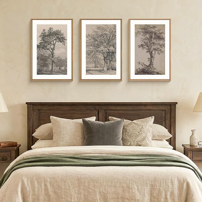 KAIRNE Vintage Tree Sketch Framed Canvas Wall Art Set, Antique Tree Drawings Wall Decor, Retro Forest Art Prints, Modern Nature Landscape Artwork for Living Room, Bedroom, Farmhouse, Office-16 x24 x3