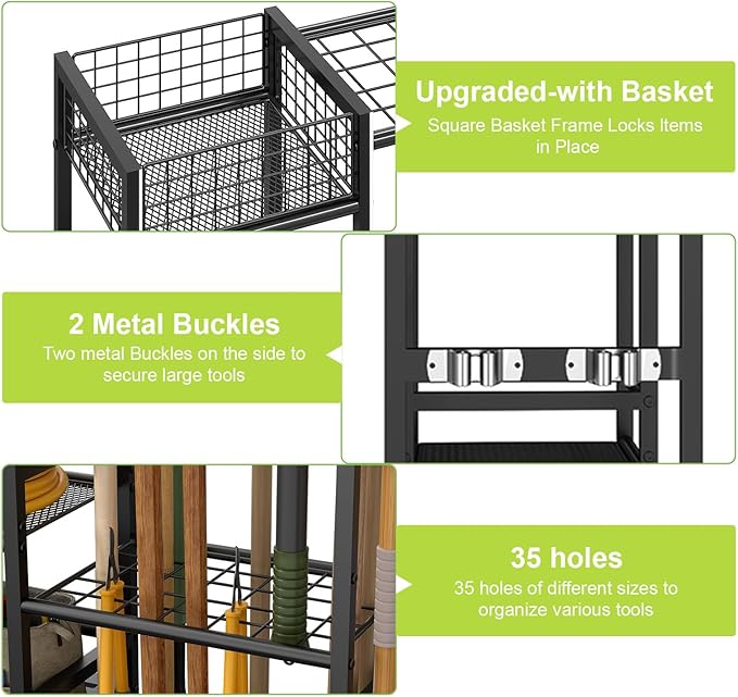 keomaisyto Garden Tool Organizer With Basket - 3 Tier Yard Storage Rack for Garage Organization, Heavy Duty Holder With 35 Long-Handled Slots for Shed, Yard, Garage