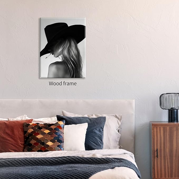 FuSatisYilife Trendy Black And White Framed Wall Art Cool Western Woman Smoking