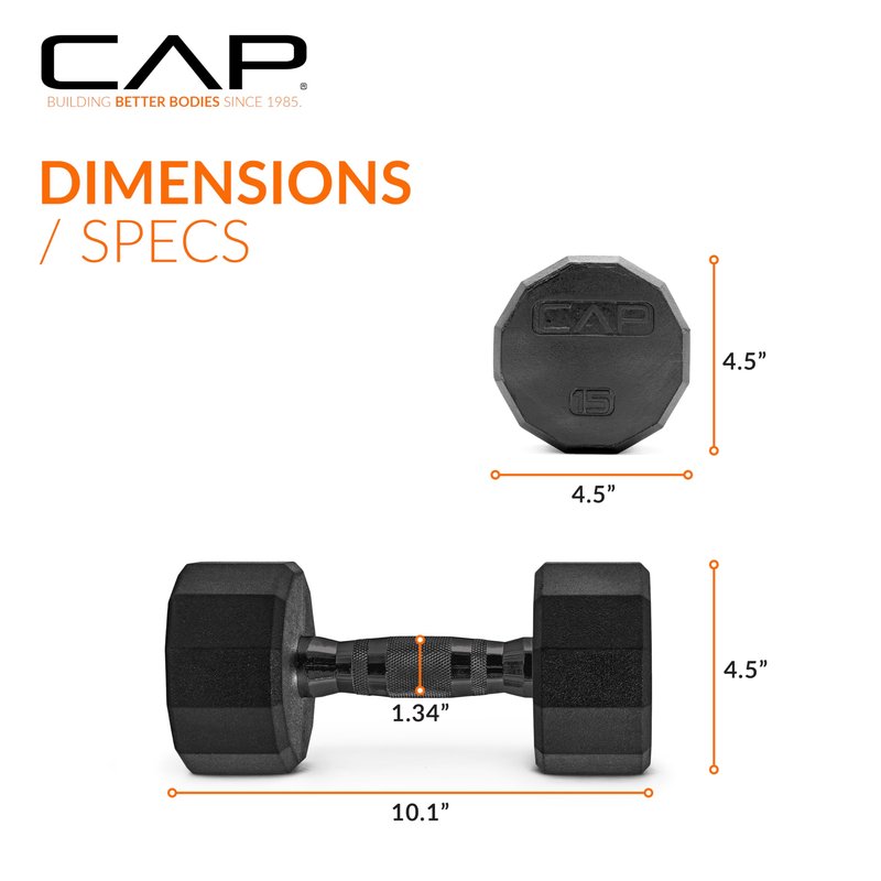 CAP 15 LB 12-Sided Rubber Coated Dumbbell Weight, Rubber Free Weights for Home Gym Strength Training, Black Oxide Handle, Pair