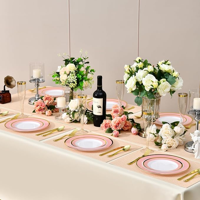 100PCS Pink Disposable Plastic Plates Include 50PCS 10.25inch Dinner Plate and 50PCS 7.5inch Dessert Plate Heavy Duty Plastic Dinnerware for Party Wedding Anniversary New Year